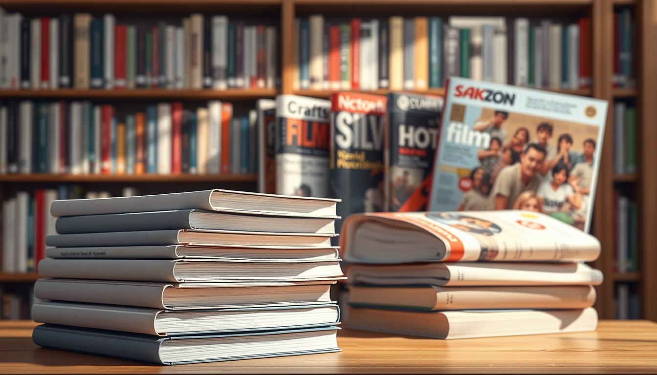 A high-resolution, detailed illustration showcasing the key differences between academic film journals and commercial film magazines. In the foreground, a stack of academic journals with minimalist covers in muted tones, conveying the scholarly and serious nature of their content. In the middle ground, several glossy, colorful film magazines with eye-catching cover designs, representing the more popular, mainstream focus. The background features a bookshelf filled with various publications, creating a sense of an academic or library setting. The lighting is soft and natural, accentuating the textures of the printed materials. The composition is balanced and harmonious, inviting the viewer to closely examine the distinct characteristics of these two types of film publications.