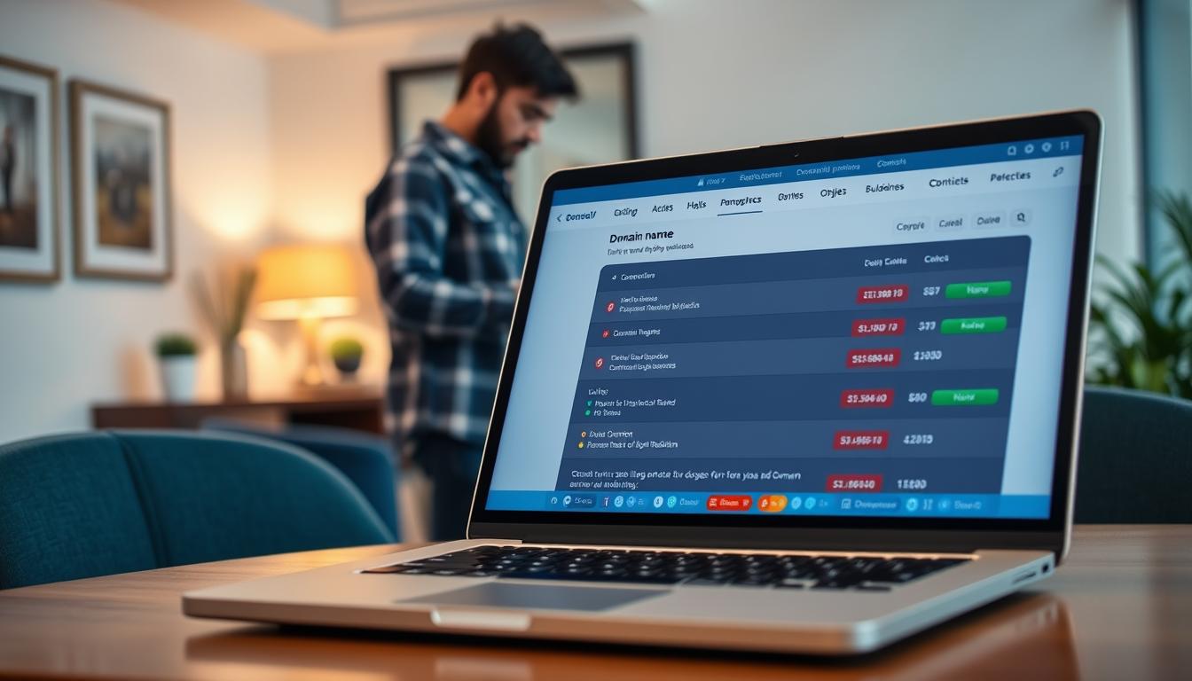 A modern and secure online marketplace, with a clean and minimalist design. In the foreground, a laptop screen displays a domain name purchase transaction, with a professional-looking user interface and clear guidelines for safe and legitimate domain trading. In the middle ground, a person in casual attire carefully reviews domain listings, assessing their value and potential. The background is a serene office setting, with tasteful decor and warm lighting, conveying a sense of trust and reliability. The overall atmosphere is one of digital empowerment, where individuals can confidently navigate the world of domain buying and selling.