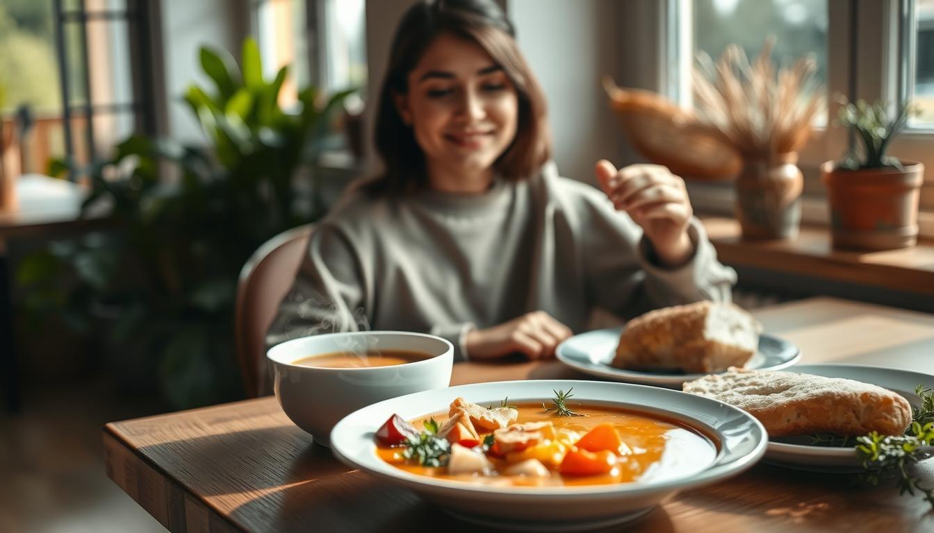 A serene dining scene showcasing the benefits of eating slowly. In the foreground, a plate of wholesome, home-cooked food - a steaming bowl of soup, fresh bread, and a selection of seasonal vegetables. The diner, seated at a simple wooden table, is mindfully savoring each bite, with a tranquil expression on their face. Soft, natural lighting filters through large windows, casting a warm glow on the scene. In the background, potted plants and natural textures create a calming, grounding atmosphere. The composition emphasizes balance, simplicity, and the joy of being present in the moment while nourishing the body.