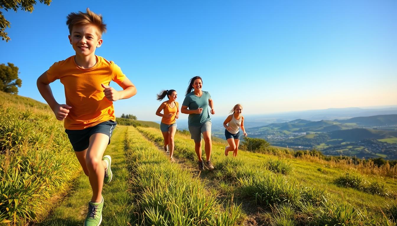 A vibrant, sun-dappled scene depicting the benefits of a healthy lifestyle. In the foreground, a young person jogging on a lush, verdant path, their expression one of focused determination. In the middle ground, a group of friends engaged in a friendly game of outdoor sports, their laughter and camaraderie palpable. In the background, a panoramic vista of rolling hills and a clear azure sky, conveying a sense of peaceful serenity. The lighting is warm and natural, casting a golden glow over the entire scene. The overall mood is one of vitality, balance, and the joy of living well.
