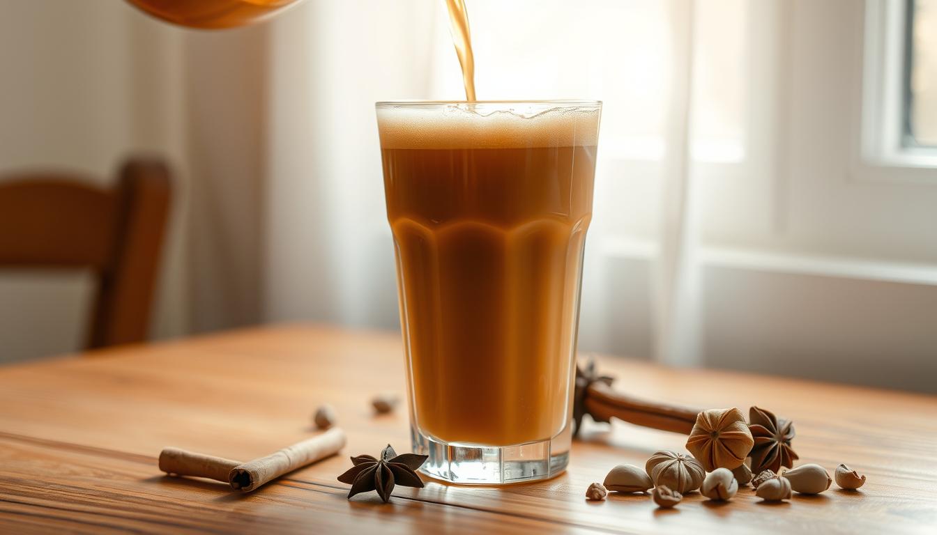 A steaming glass of Teh Tarik, the beloved Malaysian tea beverage, resting on a wooden table. The golden-brown liquid is poured from a height, creating a rich, frothy layer on top. Surrounding the glass are aromatic spices - cinnamon sticks, star anise, and cardamom pods - hinting at the subtle blend of flavors. Soft, diffused lighting from a nearby window casts a warm glow, highlighting the intricate patterns of the wooden surface. The overall scene evokes a cozy, inviting atmosphere, capturing the essence of this traditional, health-promoting drink.