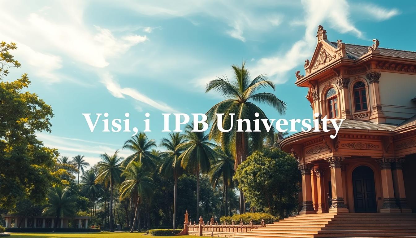 A serene and architectural landscape depicting the Visi IPB University. In the foreground, a majestic building with classic Indonesian design elements, adorned with intricate carvings and ornamental details. The middle ground showcases lush, verdant greenery, with towering palm trees swaying gently in the breeze. In the background, a clear, azure sky with wispy clouds, creating a tranquil and contemplative atmosphere. The scene is illuminated by warm, natural sunlight, casting soft shadows and highlighting the depth and texture of the architecture. The image conveys a sense of timeless elegance and academic excellence, reflecting the vision and mission of IPB University.