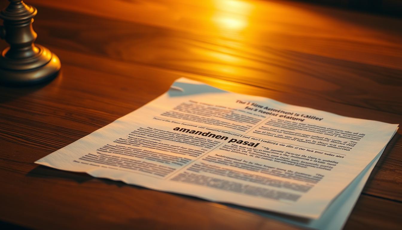 A meticulously crafted legal document, its pages filled with intricate text and intricate amendments, resting upon a wooden surface illuminated by warm, focused lighting. The document's edges are slightly worn, hinting at its history and significance. The background is softly blurred, drawing the viewer's attention to the central focal point - the &quot;amandemen pasal&quot; at the heart of this important legal matter. The overall mood is one of gravitas and careful consideration, befitting the gravity of the subject matter.
