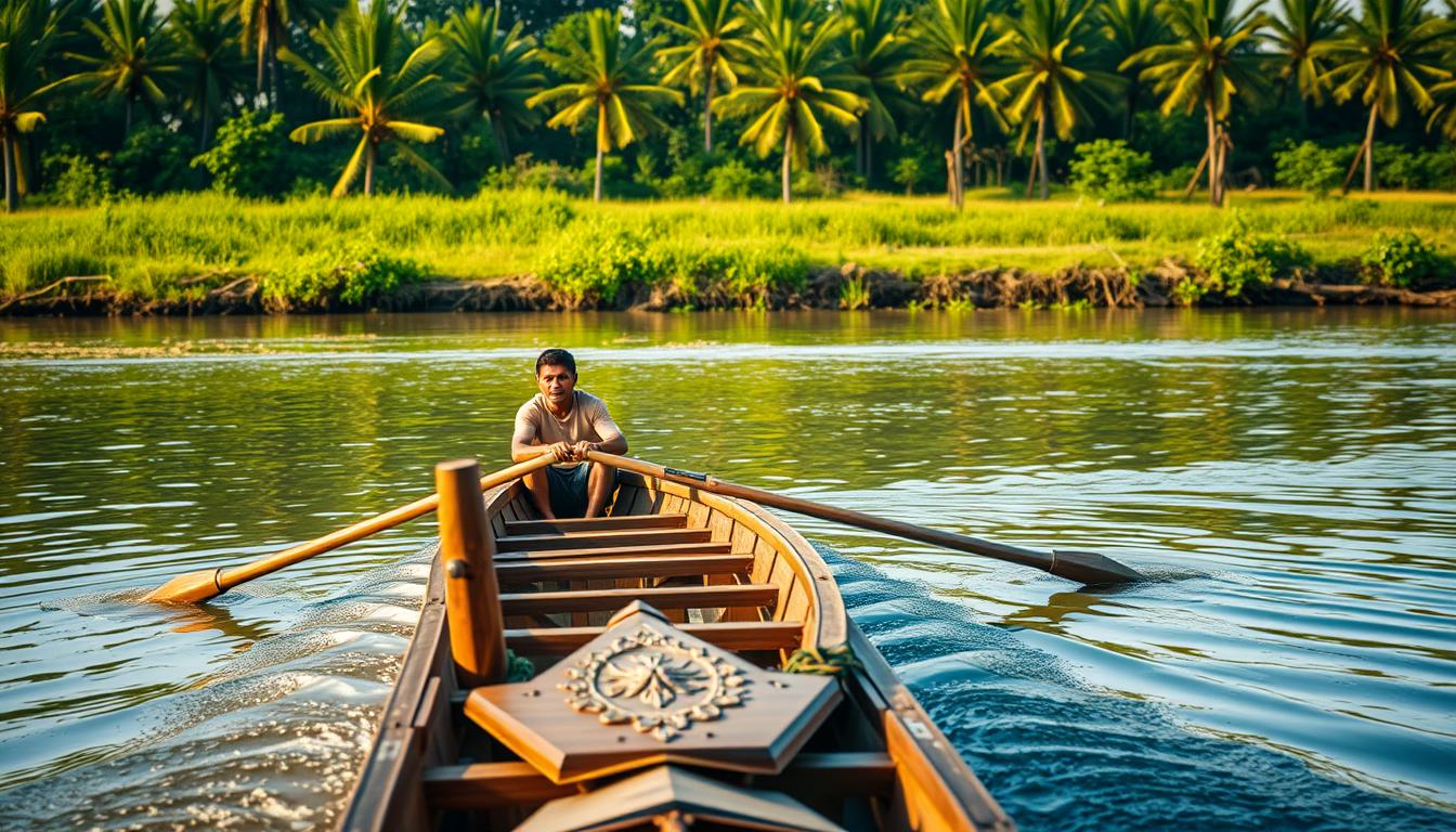 A traditional wooden boat, the &quot;pacu jalur,&quot; glides across a tranquil river. The boat's sleek, elongated design is adorned with intricate carvings and vibrant hues, reflecting the rich cultural heritage of the region. In the foreground, rowers propel the vessel forward with synchronous strokes, their expressions focused and determined. The middle ground reveals lush, verdant banks dotted with swaying palm trees, creating a serene and picturesque backdrop. Warm, golden sunlight filters through the scene, casting a soft, natural glow and accentuating the boat's graceful movements. The overall atmosphere exudes a sense of tradition, harmony, and the enduring spirit of the &quot;pacu jalur&quot; ritual.