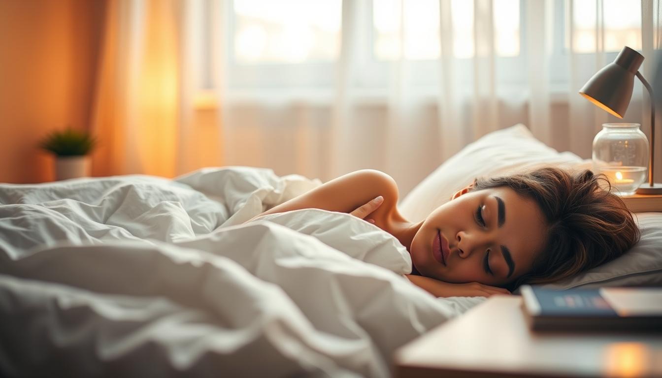 A serene bedroom scene with a person peacefully sleeping on a cozy, comfortable bed. Soft, warm lighting illuminates the space, creating a tranquil atmosphere. In the foreground, the sleeper's face is relaxed, highlighting the importance of quality rest for physical well-being. The middle ground features a nightstand with a glass of water, a book, and a small plant, symbolizing the elements that contribute to a healthy sleep routine. The background showcases a window with sheer curtains, allowing natural light to filter in, reflecting the connection between sleep and overall health. The composition emphasizes the harmony between the sleeping figure and the soothing, restful environment, conveying the significance of sleep for physical rejuvenation.