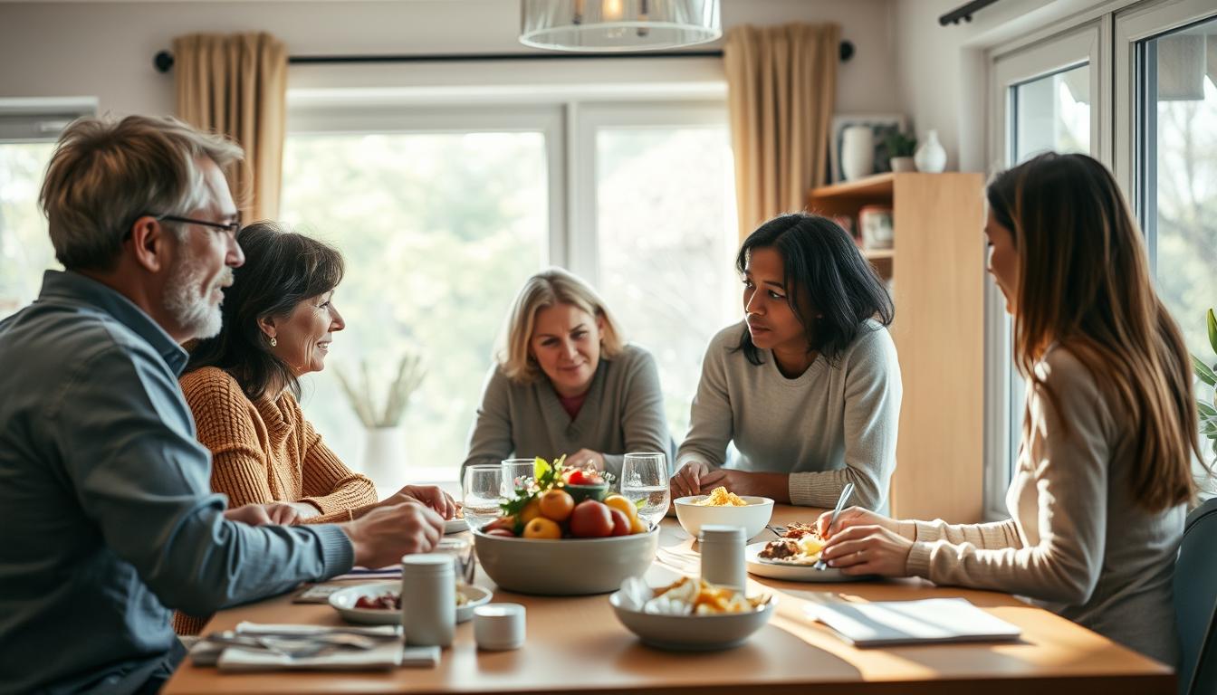 A warm, family-centered scene depicting the central role of family support in managing schizophrenia. In the foreground, a close-knit group gathered around a table, sharing a meal and engaging in lively conversation. The parents and siblings offer empathy, understanding and practical assistance to the individual with schizophrenia, who is integrated seamlessly into the group. Soft, natural lighting filters in through large windows, creating an atmosphere of comfort and security. In the background, subtle details allude to the challenges of the condition - medication, therapy materials, and supportive resources. An overall sense of togetherness, care and resilience permeates the scene.
