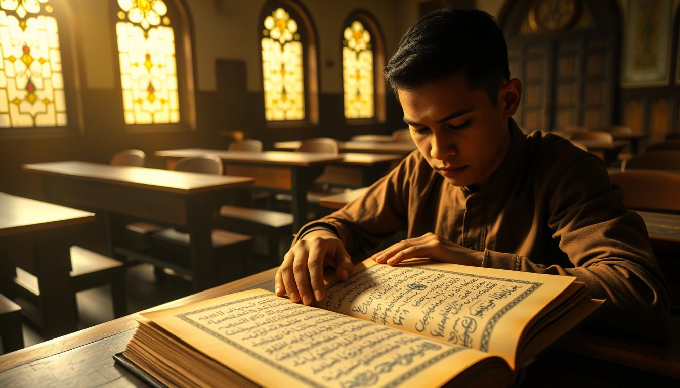 A dimly lit classroom, wooden desks and chairs arranged in orderly rows. On the table before a student, an open leather-bound book with yellowed pages, the distinctive green cover of a traditional Islamic "Kitab Kuning" text. The student's hand carefully traces the intricate Arabic calligraphy, brow furrowed in focused concentration. Warm, golden light filters through stained-glass windows, casting a reverent glow over the scene. The air is thick with the scent of old parchment and the sound of quiet contemplation. A sense of reverence and scholarly tradition permeates the space, as the student immerses themselves in the timeless wisdom of the Kitab Kuning.