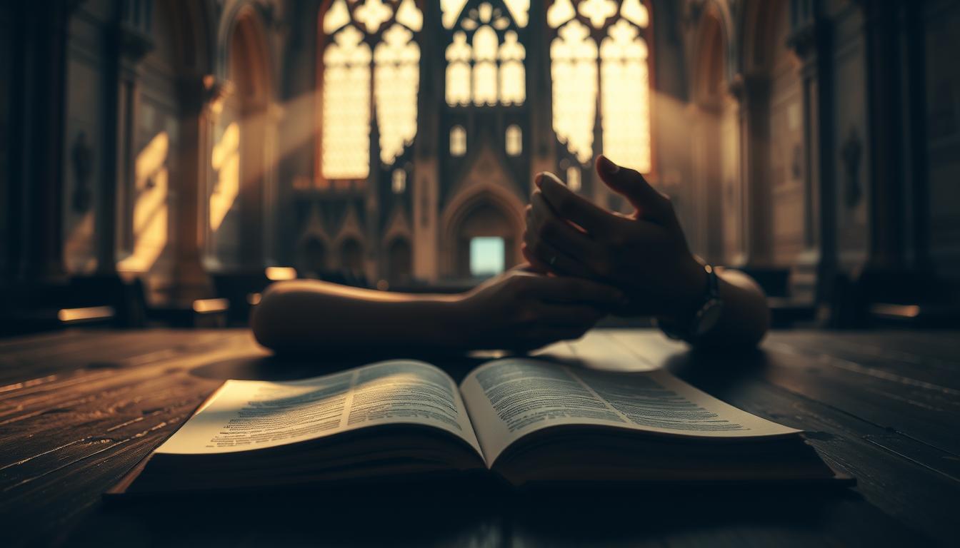 A serene interplay of light and shadow, capturing the contemplative essence of philosophy and religion. In the foreground, an open book rests upon a weathered wooden table, its pages casting intricate patterns of illumination. Behind it, two hands clasped in deep meditation, fingers interlaced in a gesture of thoughtful discourse. In the background, a grand cathedral silhouette rises, its ornate architecture a testament to the intertwining of the spiritual and the intellectual. Soft, warm lighting filters through stained glass, imbuing the scene with a sense of timeless introspection. The overall composition evokes a harmonious dialogue between the realms of faith and reason.