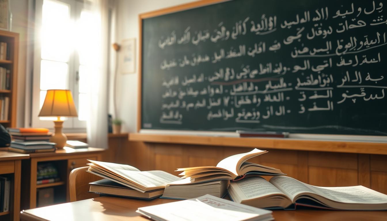 A classroom scene with a focused student studying Arabic language textbooks and materials. The student is sitting at a wooden desk, with a warm-toned table lamp illuminating the study area. In the background, a large chalkboard displays neatly written Arabic characters and vocabulary. Sunlight filters through a window, casting a soft, natural glow across the room. The atmosphere is one of quiet concentration and diligent learning. The scene conveys the idea of an effective and productive Arabic language study session.