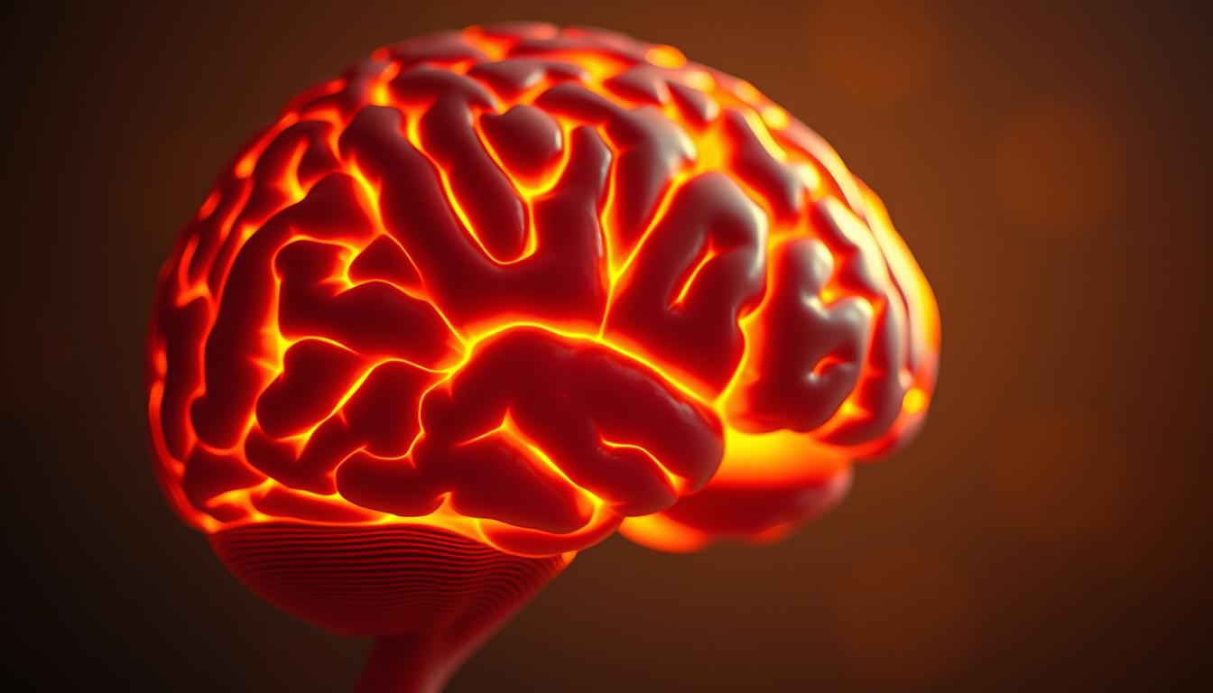 A close-up portrait of a human brain, illuminated from the side with warm, golden light, creating a soft, glowing effect. The brain appears vibrant and healthy, with intricate neural pathways and structures visible. The background is blurred, creating a serene, meditative atmosphere, emphasizing the focus on the brain and its well-being. The lighting and composition evoke a sense of the restorative and rejuvenating power of a good night's sleep for cognitive function and brain health.