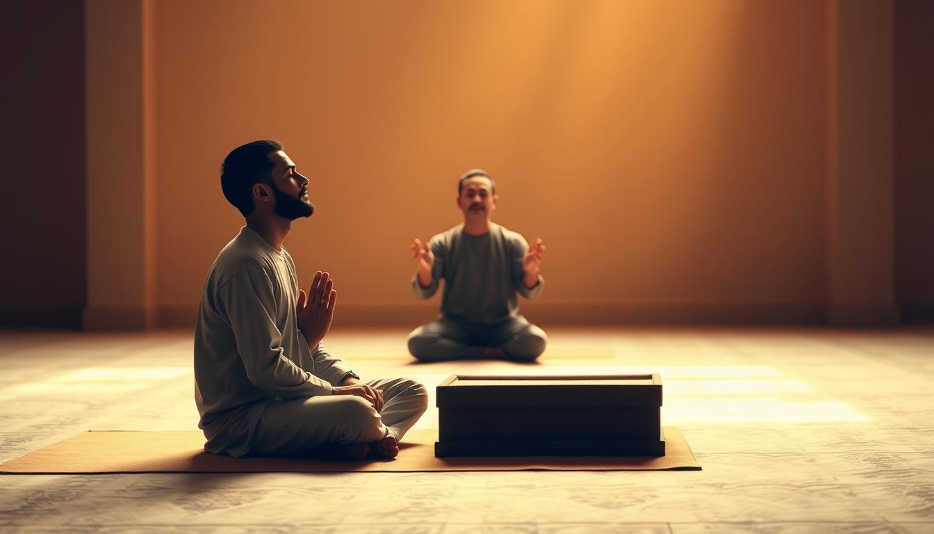 A serene and contemplative scene depicting the differences between dhikr (remembrance of Allah) and shalat (ritual prayer). In the foreground, a figure sits cross-legged, eyes closed, hands clasped, deeply immersed in dhikr, a soft glow emanating from within. In the middle ground, another figure stands with hands raised, performing the movements of shalat, their face tranquil and focused. The background is a tranquil, minimalist setting, perhaps a simple prayer room or mosque, bathed in warm, natural lighting that creates a sense of reverence and spiritual connection. The overall mood is one of introspection, devotion, and the distinct yet complementary nature of these two fundamental Islamic practices.