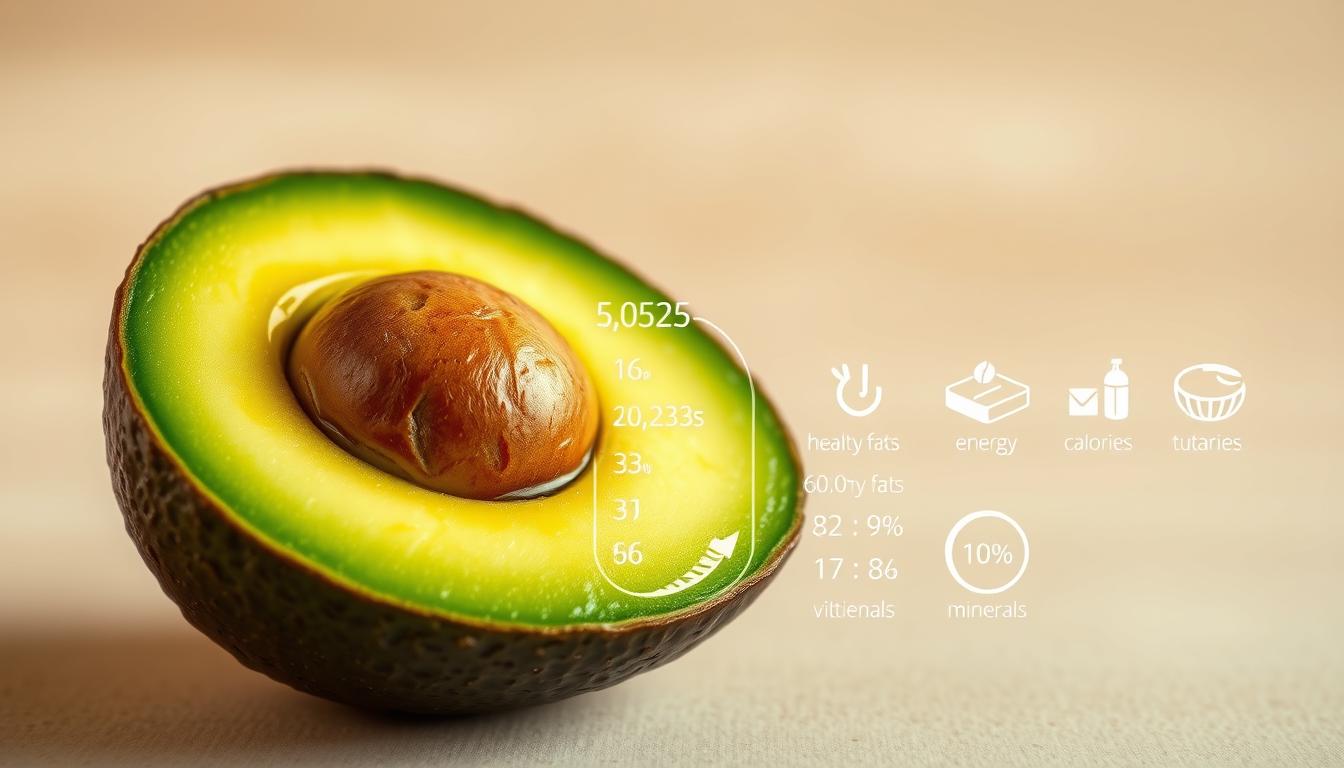A vibrant, high-resolution image of an avocado cross-section, showcasing its nutritional components. The foreground displays the avocado's creamy, green flesh, revealing its intricate texture and veining. In the middle ground, various icons and data visualizations depict the energy, calorie, and nutrient content, such as healthy fats, vitamins, and minerals. The background is a soft, muted gradient, allowing the avocado and its nutritional information to take center stage. The lighting is natural and warm, creating a visually appealing and informative representation of the avocado's nutritional profile.