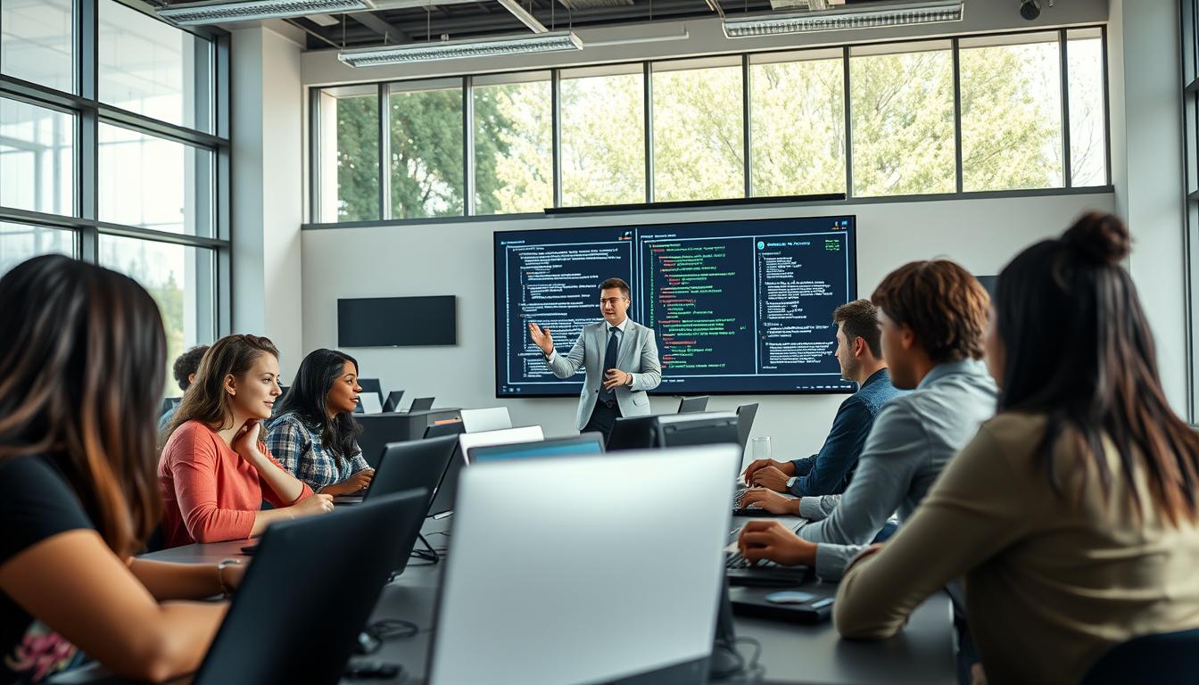A well-lit, wide-angle shot of a modern computer science classroom. In the foreground, a group of diverse students are intently studying software development on their laptops, their expressions focused and engaged. In the middle ground, a professor gestures animatedly as they explain a complex coding concept on a large interactive display. The background features floor-to-ceiling windows, allowing natural light to pour in and illuminate the space, creating a bright, airy atmosphere conducive to learning. The overall scene conveys the dynamic, technology-driven nature of the computer science field and the wealth of promising career opportunities available to those who study it.