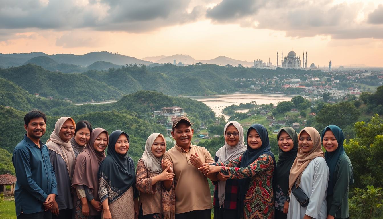 An idyllic scene of the shared hopes and aspirations of the people of Aceh and North Sumatra. In the foreground, a group of diverse individuals stands united, hands joined in a gesture of solidarity. Their faces reflect a sense of optimism and determination. The middle ground showcases the natural beauty of the region, with lush green hills, shimmering lakes, and traditional wooden houses nestled amongst the landscape. In the background, the iconic Acehnese mosques and the bustling cityscape of Medan rise, symbolizing the rich cultural heritage and economic potential of the two provinces. Soft, warm lighting bathes the scene, creating an atmosphere of harmony and community. The overall composition conveys a feeling of hope, resilience, and a shared vision for a prosperous future.