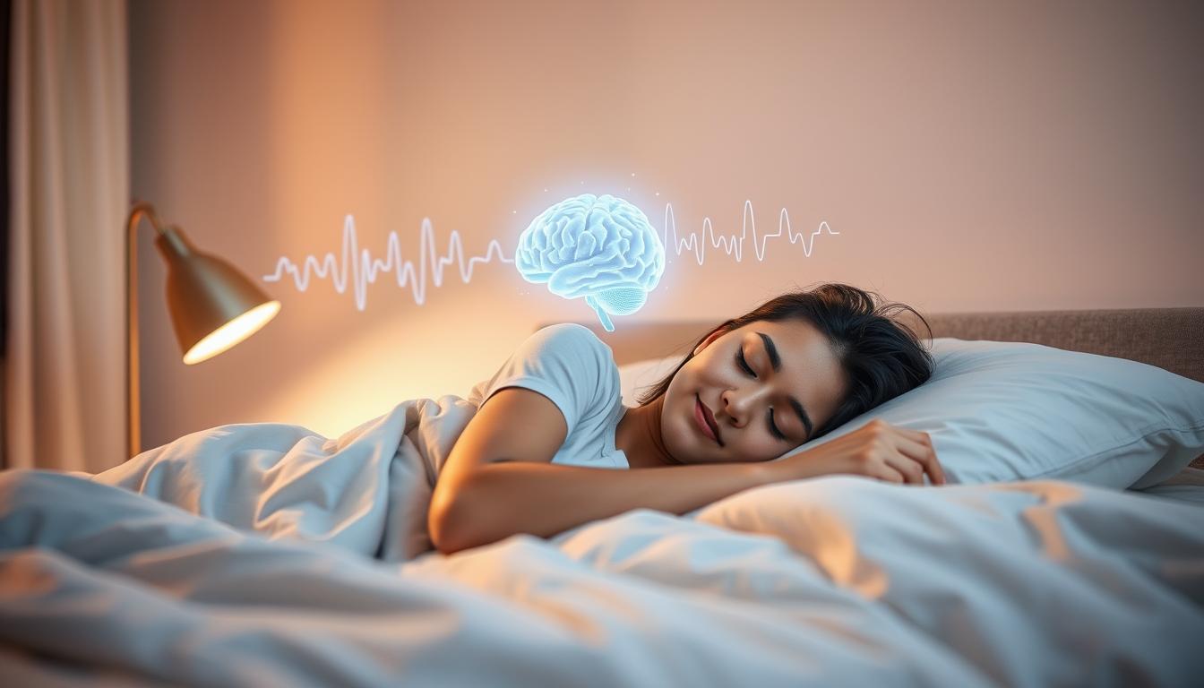 A peaceful and serene bedroom scene depicting the stages of sleep. In the foreground, a person rests peacefully on a soft, inviting bed, their face relaxed and expression tranquil. Soft, warm lighting from a bedside lamp casts a gentle glow, creating a cozy and intimate atmosphere. In the middle ground, a visual representation of the brain's activity during the different sleep stages, with subtle, ethereal visualizations of brain waves and neural patterns. The background showcases a calming, minimalist room design, with soothing colors and textures that evoke a sense of relaxation and restoration. The overall composition conveys the importance of the sleep cycle and its profound impact on the brain's health and function.