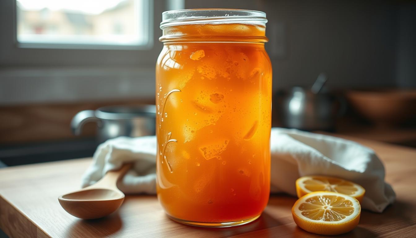 A glass jar filled with fizzing golden-amber kombucha, its surface gently swirling with delicate wisps of carbonation. The jar sits atop a wooden kitchen counter, bathed in soft, natural light from a nearby window. Surrounding the jar are various accessories - a wooden spoon, a clean cloth, and a few slices of fresh lemon. The overall scene conveys a sense of care, attention, and the ritual of properly storing and preserving this probiotic elixir. The atmosphere is serene, inviting the viewer to imagine the nourishing benefits of this healthful beverage.