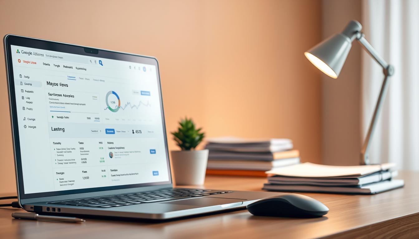 A serene and professional-looking desktop scene showcasing the Google AdSense interface. In the foreground, a laptop displays the familiar AdSense dashboard, its clean and intuitive layout highlighting key metrics and revenue data. On the desk, a modern wireless mouse and a minimalist desk lamp provide a sense of workspace organization. The middle ground features a potted plant and a neatly stacked pile of documents, creating a balanced and productive atmosphere. The background is blurred, with a warm, neutral-toned wall serving as a calm and unobtrusive backdrop. Soft, diffused lighting casts a subtle glow, emphasizing the sleek and sophisticated aesthetic of the setup.