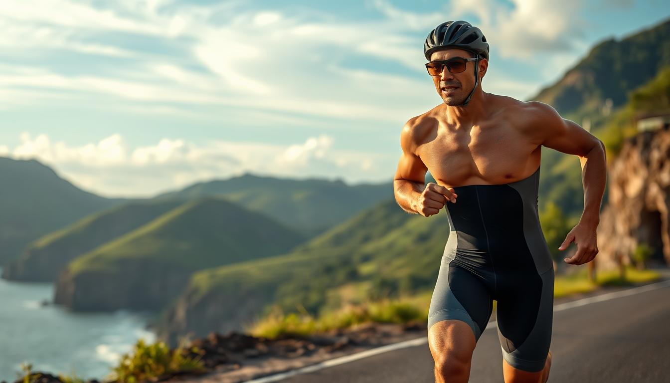 A muscular Indonesian triathlete in peak physical condition, sprinting down a coastal road framed by lush, verdant hills in the background. Sunlight filters through wispy clouds, casting a warm glow over the athlete's determined expression and the rugged, picturesque landscape. The athlete's sleek, aerodynamic triathlon gear accentuates their toned, athletic physique as they push forward with unwavering focus, embodying the spirit of Indonesia's inspiring triathlon community.
