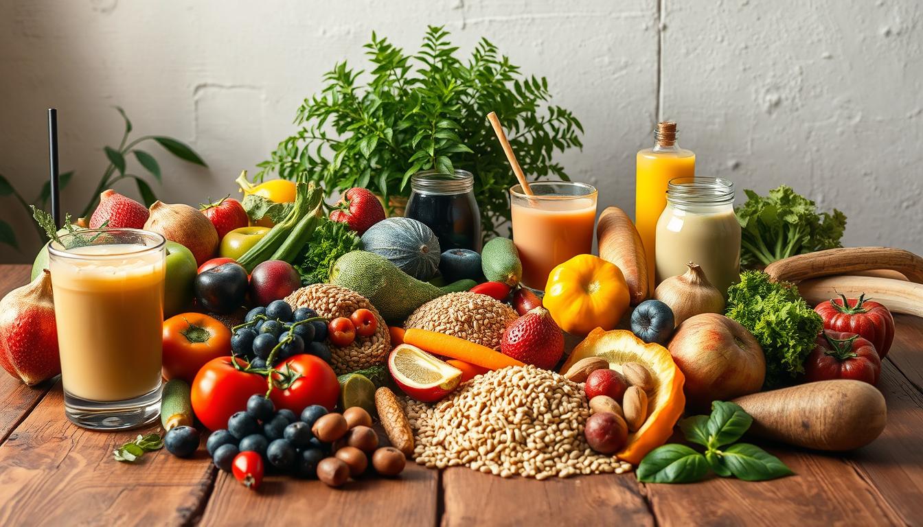 A visually balanced arrangement of diverse, nutrient-rich whole foods on a rustic wooden table, illuminated by soft, natural lighting. In the foreground, a selection of fresh fruits, vegetables, whole grains, and lean proteins are artfully displayed, hinting at the vibrant flavors and health benefits of a balanced diet. The middle ground features a glass of water and a smoothie, symbolizing hydration and nutrient-dense liquid nourishment. In the background, a lush, green plant adds a touch of nature, complementing the earthy tones and creating a calming, wellness-focused atmosphere. The overall composition conveys the idea of a nutritious, energizing, and sustainable lifestyle.