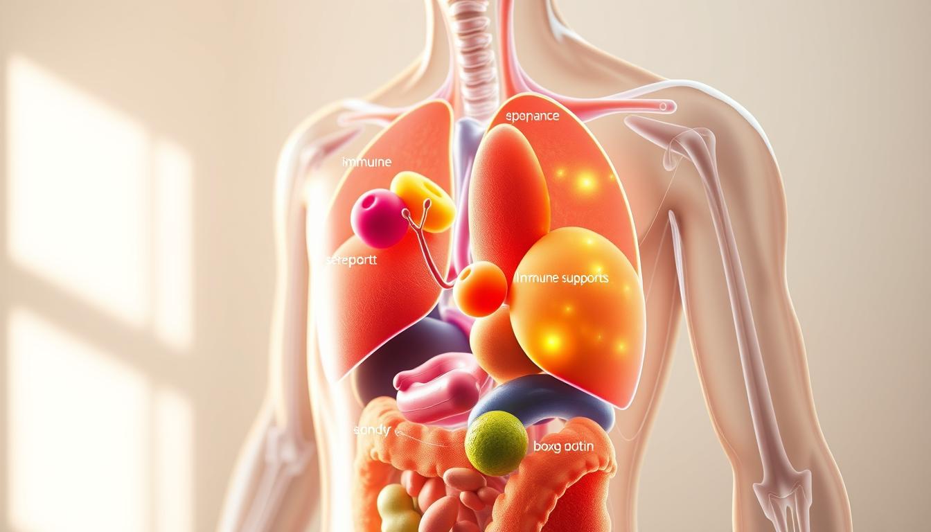 A detailed, cross-sectional illustration of the human body, showcasing the vital functions of vitamins. A vibrant, anatomical depiction with a clean, scientific aesthetic. In the foreground, a glowing, translucent overlay highlights key vitamin-driven processes, such as energy production, immune system support, and bone health. In the middle ground, the major organ systems are visible, each subtly illuminated to emphasize their vitamin-dependent operations. The background features a softly blurred, minimalist backdrop, allowing the viewer to focus on the core biological mechanisms. Lit by natural, diffused lighting that casts gentle shadows, conveying a sense of depth and three-dimensionality. Rendered with a high level of photorealistic detail, technical precision, and visual harmony.
