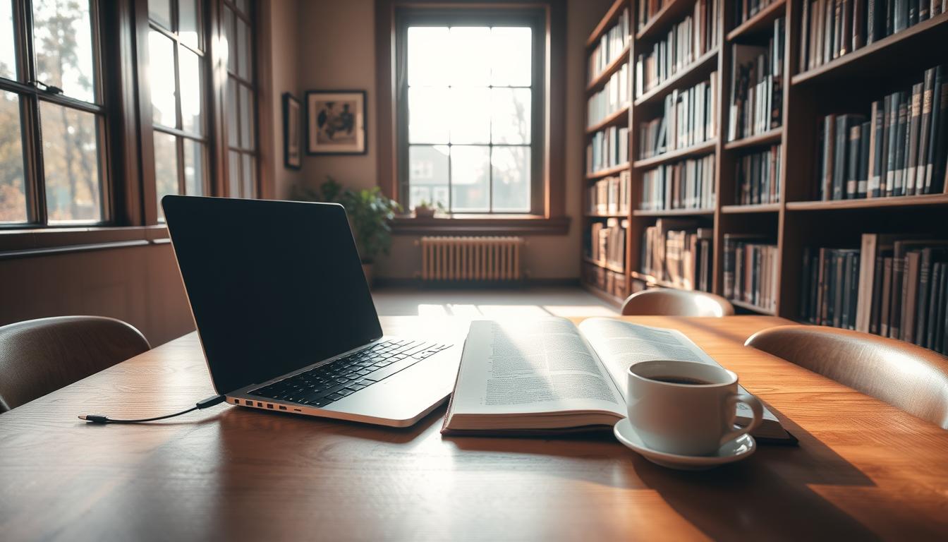 A cozy study nook with a laptop, open journal, and a cup of coffee. Warm natural lighting filters through a large window, casting a soft glow on the wooden desk and bookshelves lining the walls. Carefully selected academic journals are displayed, their spines hinting at the wealth of knowledge within. The overall scene conveys a sense of focus, contemplation, and the rewarding process of scholarly research.