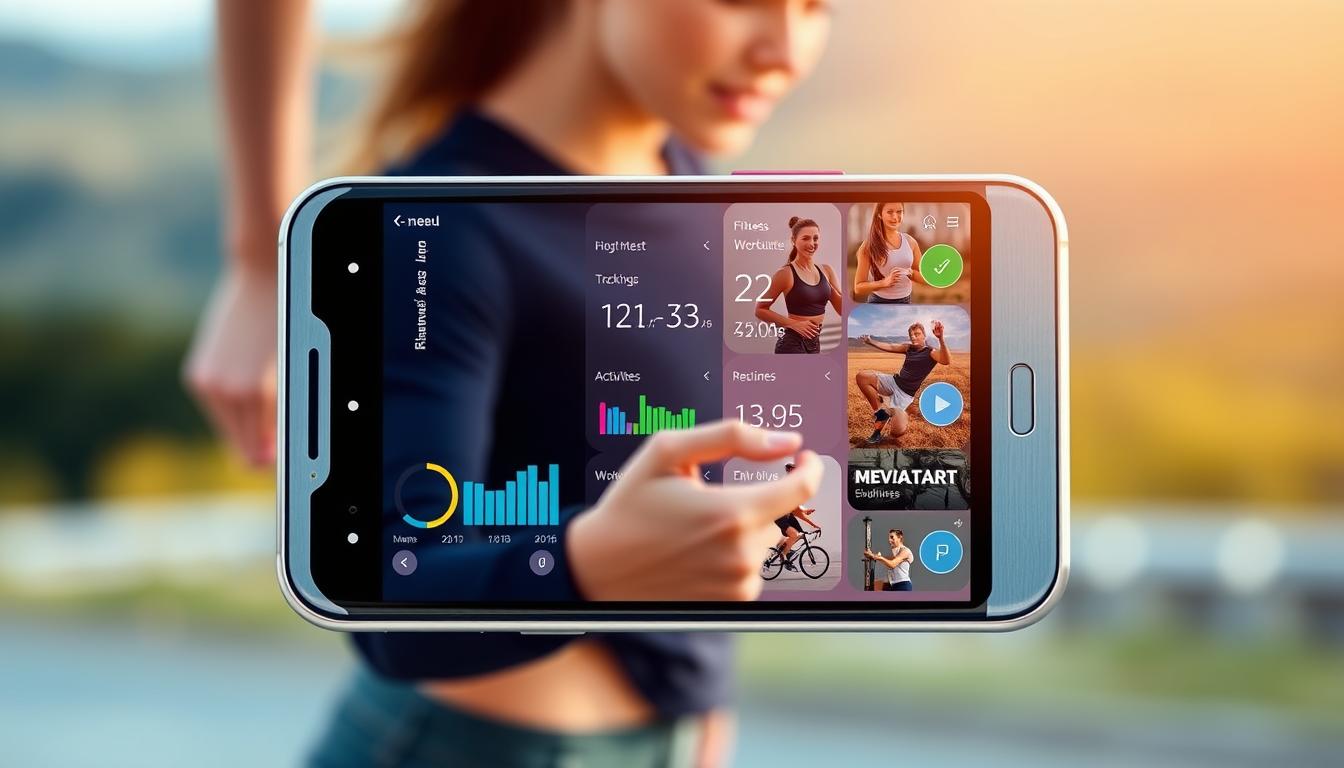 A vibrant, modern fitness app interface displayed on a sleek, silver smartphone. The app's main screen features a clean, minimalist design with colorful icons and intuitive navigation. In the foreground, a young, active individual is seen using the app, their movements captured in a dynamic, motion-blurred effect. The middle ground showcases various fitness tracking metrics and personalized workout routines, conveying the app's comprehensive capabilities. The background features a blurred, natural landscape, suggesting the app's integration with outdoor activities and a healthy, active lifestyle. The overall scene is bathed in warm, natural lighting, creating a sense of energy and well-being.