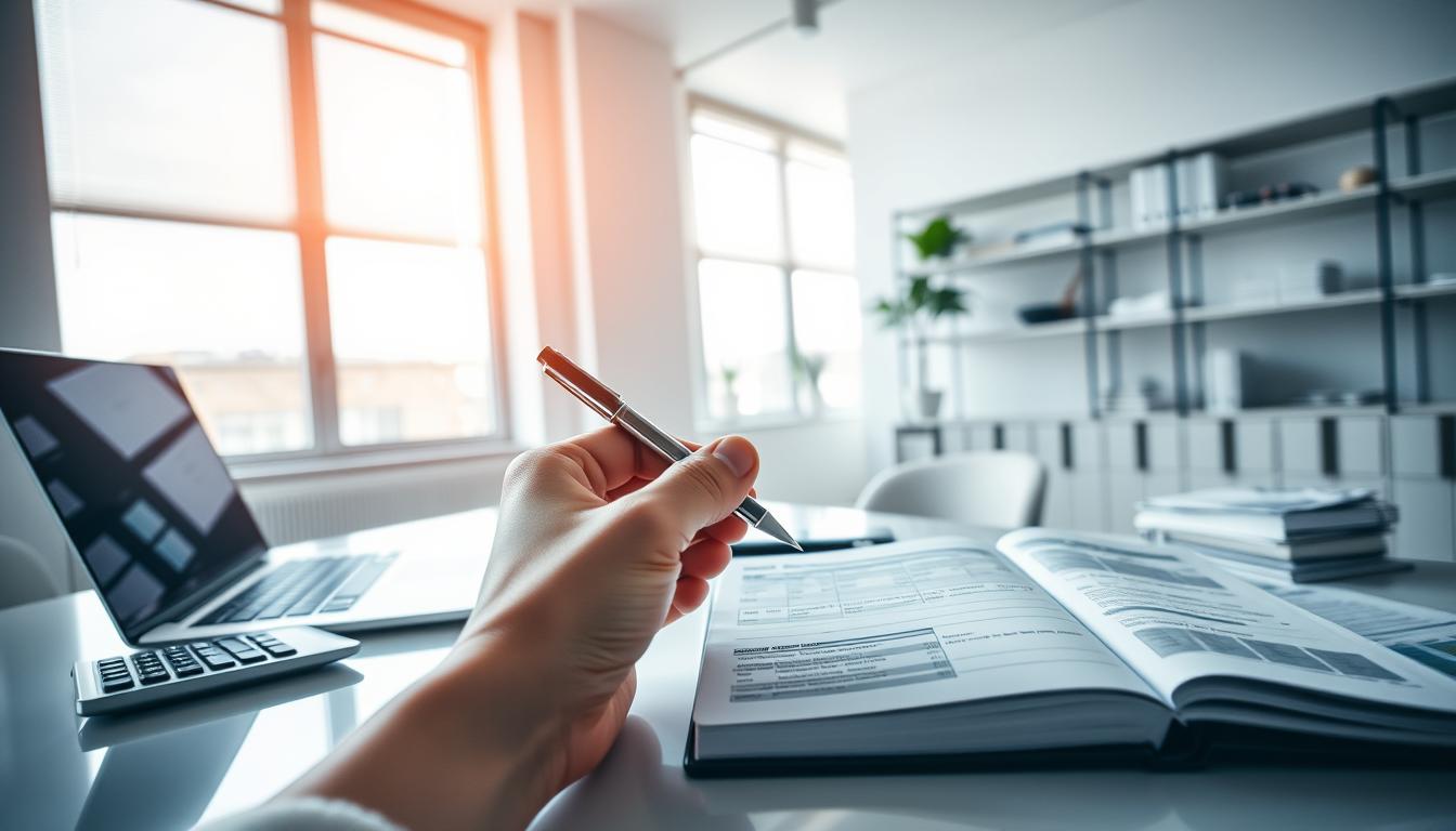 A sleek and modern office setting, with a well-lit desk showcasing a laptop, calculator, and neatly organized financial documents. Soft lighting filters through large windows, casting a warm glow over the scene. In the foreground, a hand holding a pen hovers over a ledger, meticulously recording data. The background features a minimalist, yet sophisticated decor, with shelves displaying accounting-related items. The overall atmosphere conveys a sense of professionalism, efficiency, and attention to detail, reflecting the skills required for working in a tax office.