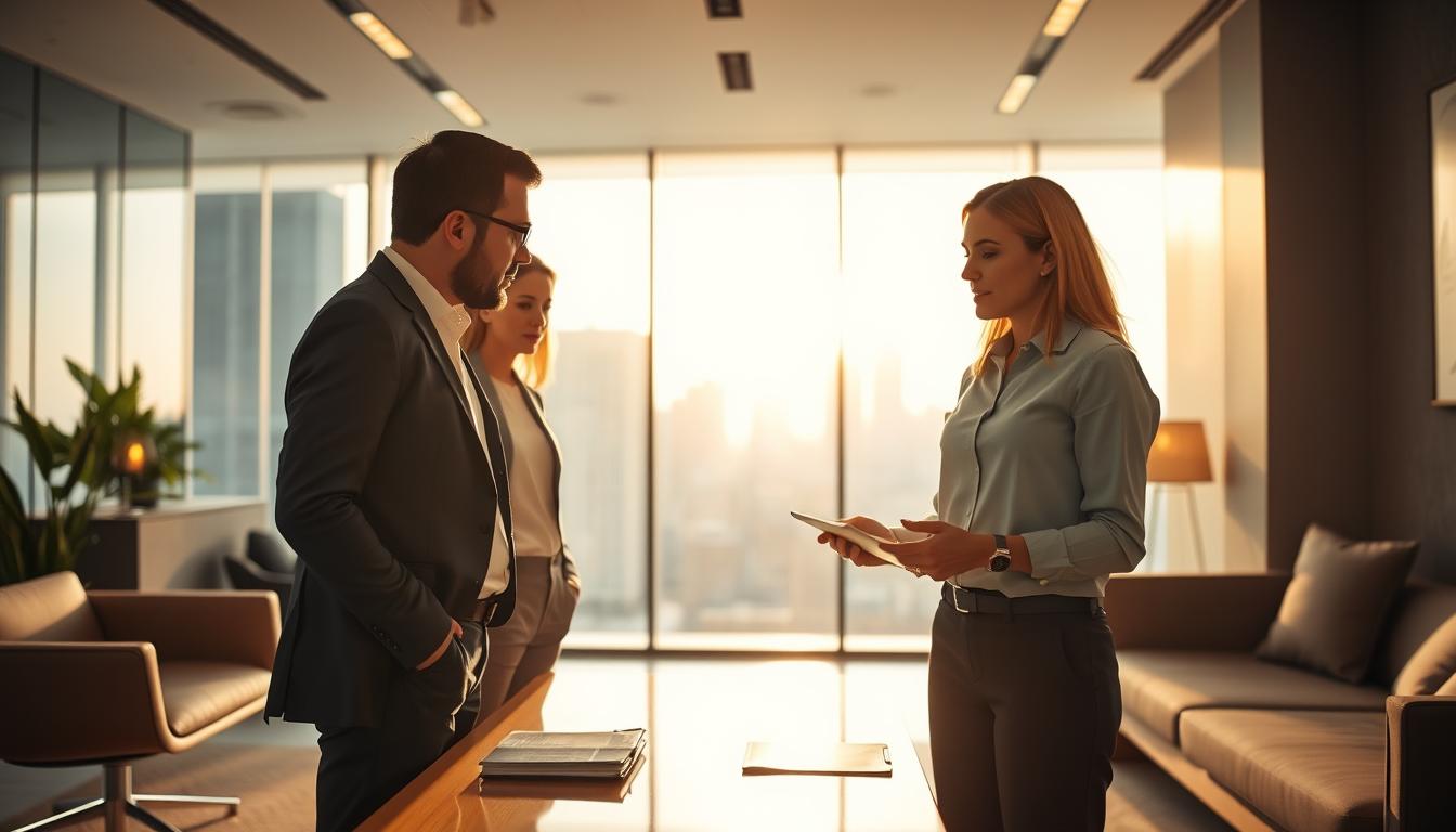 A well-composed office setting with a focused leader guiding their team in effective workforce cost management. Warm lighting illuminates the scene, casting a professional yet collaborative atmosphere. In the foreground, the manager gestures while reviewing data with attentive employees. The background features sleek furniture, minimalist decor, and large windows overlooking a bustling city skyline. The overall impression conveys the leader's expertise in optimizing labor expenses to drive organizational success.