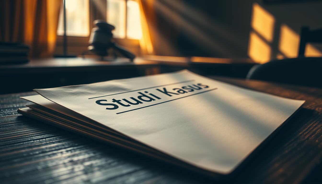 A high-contrast, cinematic shot of a legal case file labeled &quot;Studi Kasus Pasal 37&quot; lying on a weathered wooden desk. The file's edges are worn, hinting at the weight and importance of its contents. Rays of warm, directional light from a nearby window create dramatic shadows, emphasizing the document's significance. The background is slightly blurred, drawing the viewer's focus to the central case file, conveying a sense of intense scrutiny and examination. The overall mood is one of seriousness, gravitas, and careful consideration of the legal matter at hand.