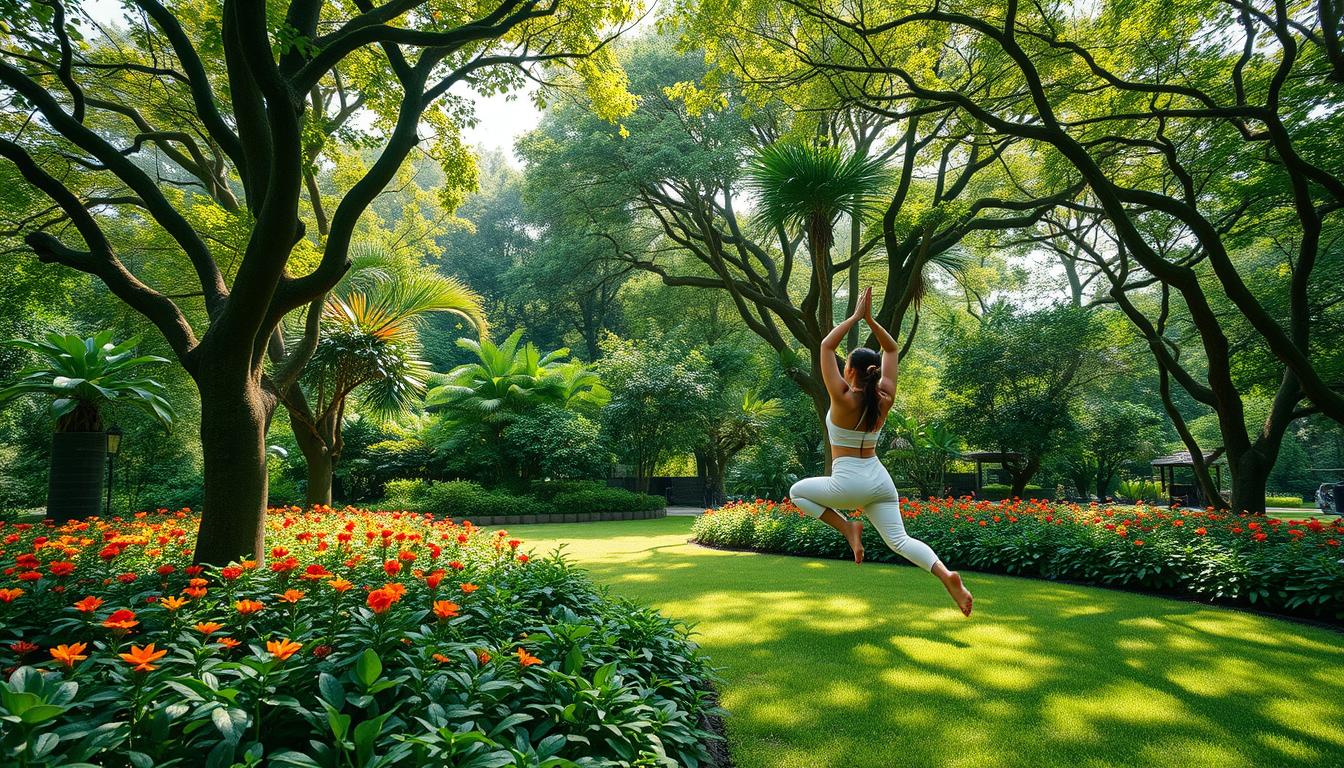 A serene garden oasis, its lush greenery and vibrant flowers radiating a sense of balance and harmony. In the foreground, a person effortlessly flowing through a series of yoga poses, their movements graceful and mindful. Soft natural lighting filters through the canopy of trees, casting a warm glow and creating a tranquil atmosphere. The scene evokes a feeling of sustainable well-being, where the mind and body are nourished in a tranquil, restorative environment. A panoramic, high-angle view captures the essence of &quot;kebugaran berkelanjutan&quot; - a holistic approach to fitness and wellness that is sustainable and deeply connected to the natural world.