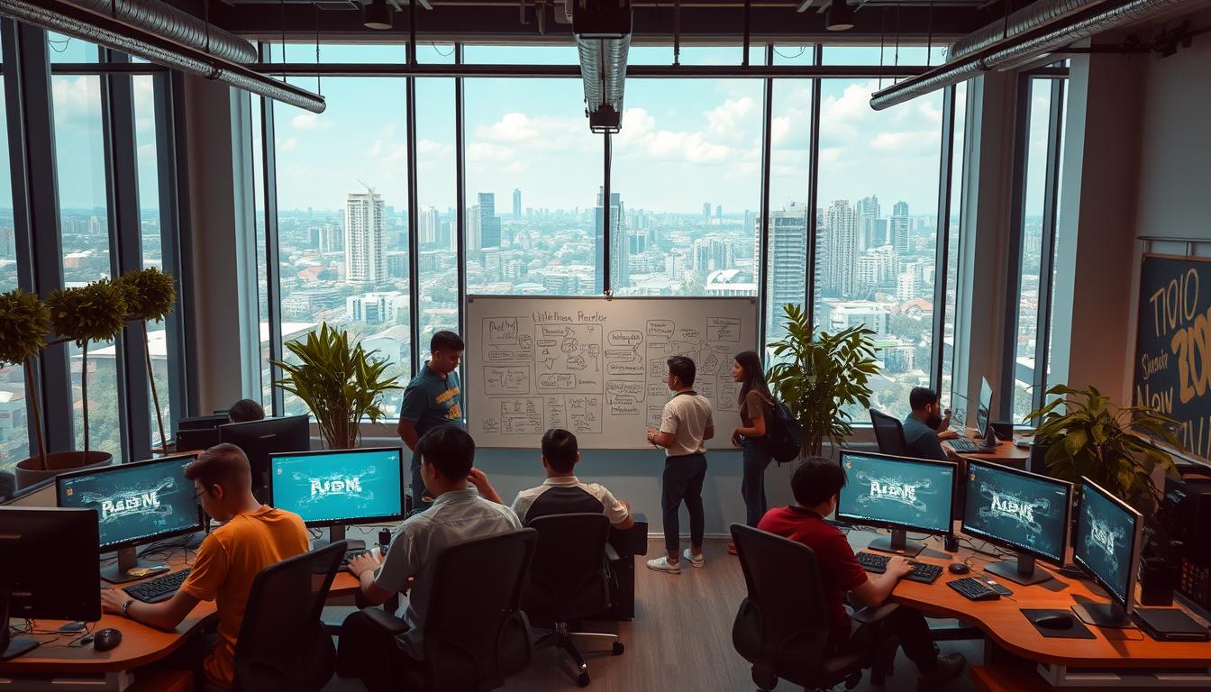 A bustling game studio with a modern, open-plan workspace. In the foreground, a group of young, talented developers collaborate at their desks, coding intently on their screens. The middle ground features a large, centrally-positioned whiteboard covered in diagrams and flowcharts, as team members brainstorm and plan their next project. In the background, floor-to-ceiling windows provide an abundance of natural light, offering a scenic view of a vibrant Indonesian cityscape. The atmosphere is one of focused creativity, with an undercurrent of excitement and possibility as this passionate team works to bring their game ideas to life.