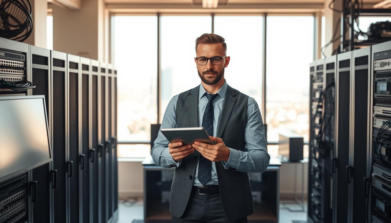 A well-dressed network administrator standing confidently in a modern office, surrounded by servers, routers, and monitors. Bright, natural lighting illuminates the scene, casting a warm, professional atmosphere. The administrator is focused, hands on a tablet, overseeing the intricate web of network connections. In the background, a sprawling city skyline is visible through large windows, hinting at the diverse industries and organizations this skilled professional may serve.