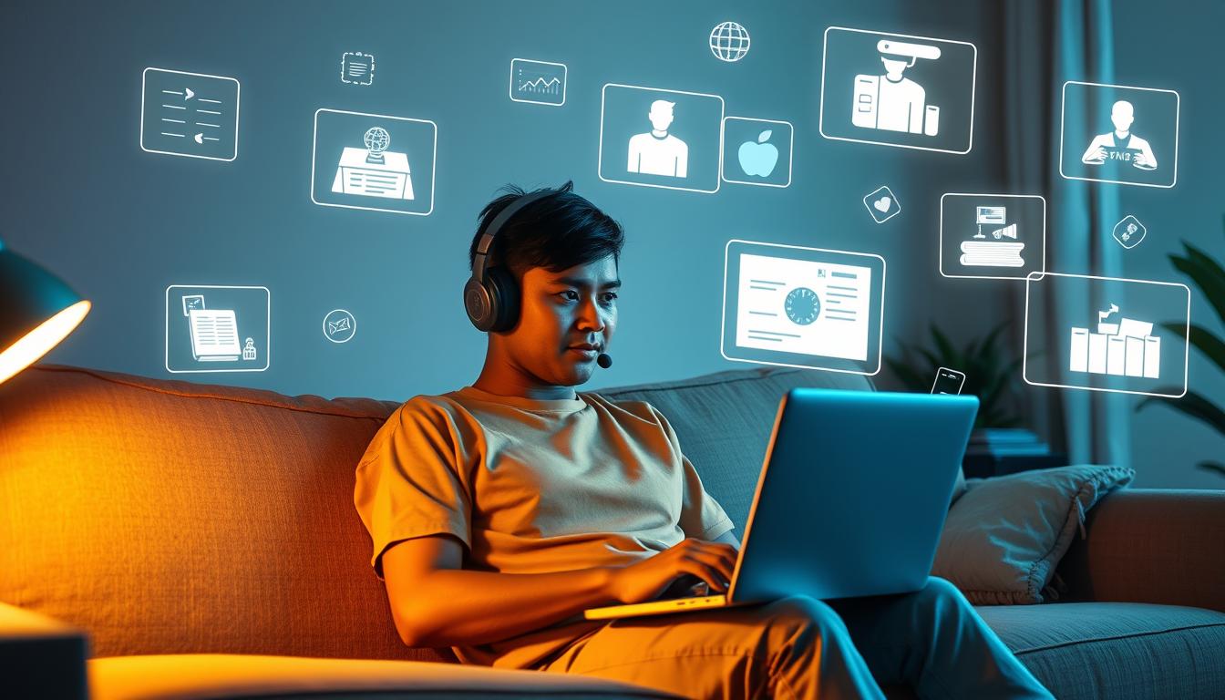 Seseorang sedang belajar virtual dengan laptop dan headset, menggambarkan konsep Belajar Virtual Praktis