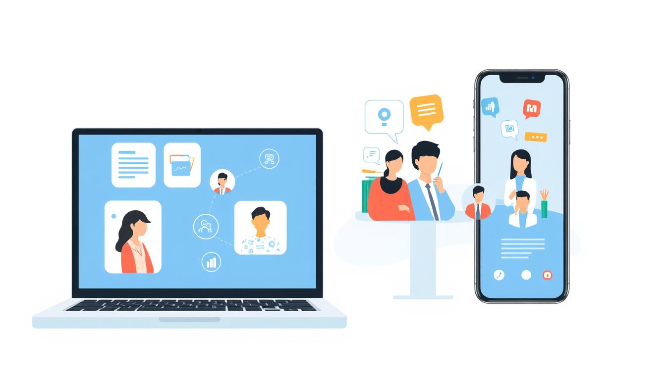 Ilustrasi platform pendidikan daring Indonesia dengan tampilan aplikasi pada laptop dan smartphone