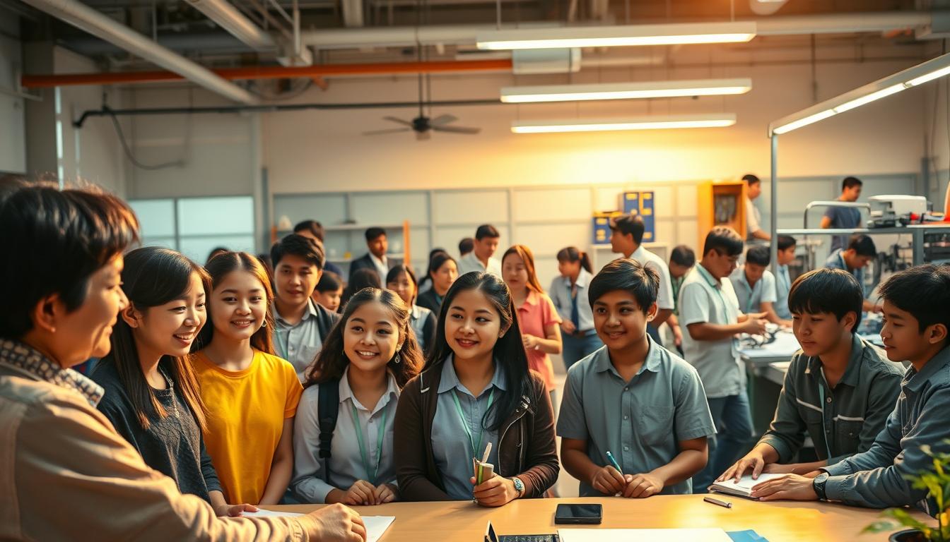 A vibrant, dynamic scene showcasing the mentorship and development of young talents. In the foreground, a group of aspiring students gather around a seasoned educator, their faces alight with enthusiasm as they engage in an interactive learning session. The middle ground features a diverse array of young individuals, each pursuing their passions and honing their skills under the guidance of experienced mentors. In the background, a state-of-the-art laboratory or workshop setting, with advanced equipment and tools, represents the nurturing environment provided for the cultivation of these young talents. Warm, directional lighting illuminates the scene, casting a sense of inspiration and possibility. The overall composition conveys the Puspresnas' commitment to fostering the growth and success of Indonesia's next generation of innovators and leaders.