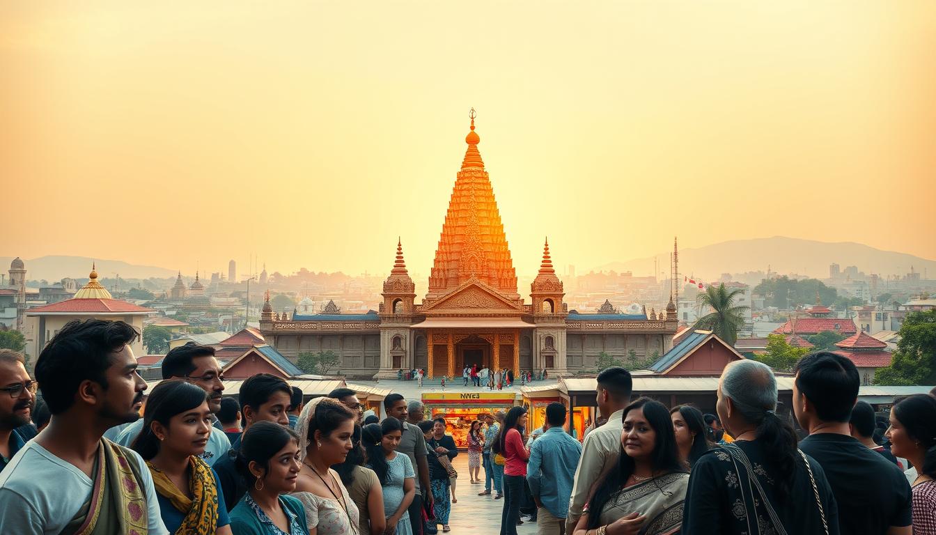 A serene and majestic temple, its towering spires and ornate facade bathed in warm, golden light, stands as a beacon in a bustling cityscape. In the foreground, a diverse group of people - young and old, of different faiths and backgrounds - gather reverently, their expressions reflecting a deep sense of connection and community. The middle ground reveals a vibrant marketplace, where vendors sell wares and locals engage in lively discussions, their interactions imbued with a profound respect for the sacred. In the distance, the cityscape stretches out, a tapestry of diverse architecture and lush greenery, symbolizing the harmonious integration of the divine and the mundane within the fabric of society.