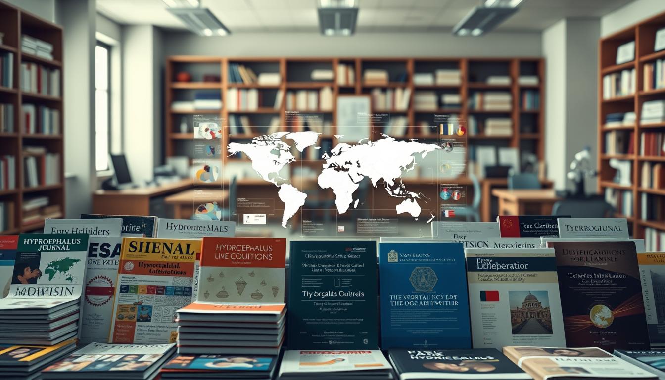 A comparative analysis of international hydrocephalus journals, presented as a visually striking infographic. In the foreground, a diverse collection of academic journal covers from various countries, neatly arranged to highlight their distinct designs and branding. The middle ground features a central visualization, such as a world map or data visualization, showcasing the geographical distribution and key statistics of hydrocephalus research globally. The background subtly suggests an academic setting, with muted tones of bookshelves, desks, and scientific instruments, creating a contemplative and scholarly atmosphere. The lighting is soft and evenly distributed, lending a sense of professionalism and authority to the scene. The overall composition should convey a comprehensive, data-driven, and cross-cultural perspective on the international landscape of hydrocephalus-related publications.