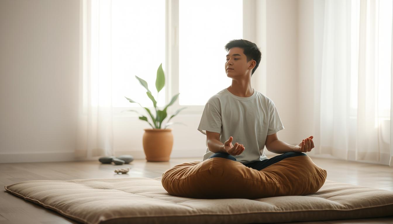 A serene and tranquil scene of a person practicing &quot;teknik relaksasi&quot; (relaxation technique). In the foreground, a young adult sits cross-legged on a plush, earthy-toned cushion, their eyes closed in deep meditation. Soft, warm lighting filters through a large window, casting a peaceful glow on the scene. In the middle ground, a potted plant and a few soothing, natural elements like river stones or driftwood create a calming ambiance. The background is hazy and blurred, suggesting a minimalist, distraction-free environment that allows for focus and mindfulness. The overall mood is one of stillness, balance, and rejuvenation, perfectly capturing the essence of managing stress and fatigue.