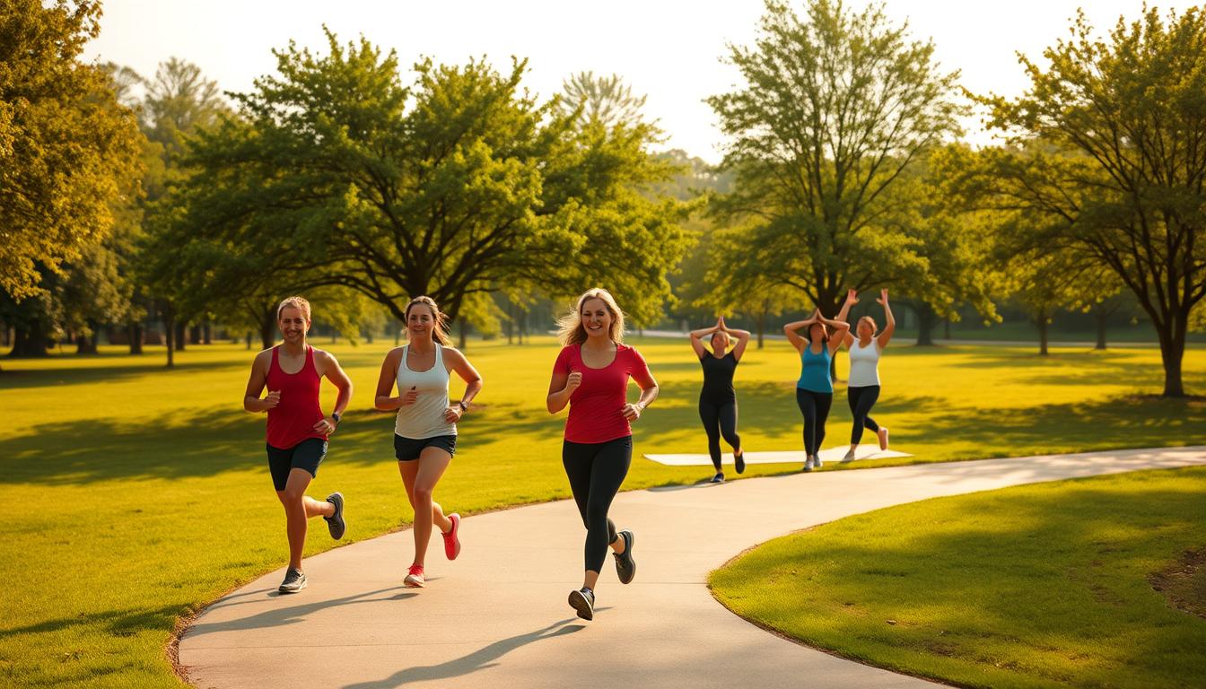 A serene midday scene of people engaging in various outdoor fitness activities. In the foreground, joggers stride purposefully on a winding path, their movements captured in a crisp, documentary-style perspective. In the middle ground, a group of friends perform dynamic yoga poses, their bodies in graceful harmony with the tranquil surroundings. The background features a lush, verdant park dotted with trees, their dappled shadows casting a warm, diffused light across the scene. The overall atmosphere conveys a sense of vitality, mindfulness, and the restorative power of exercise during the day.
