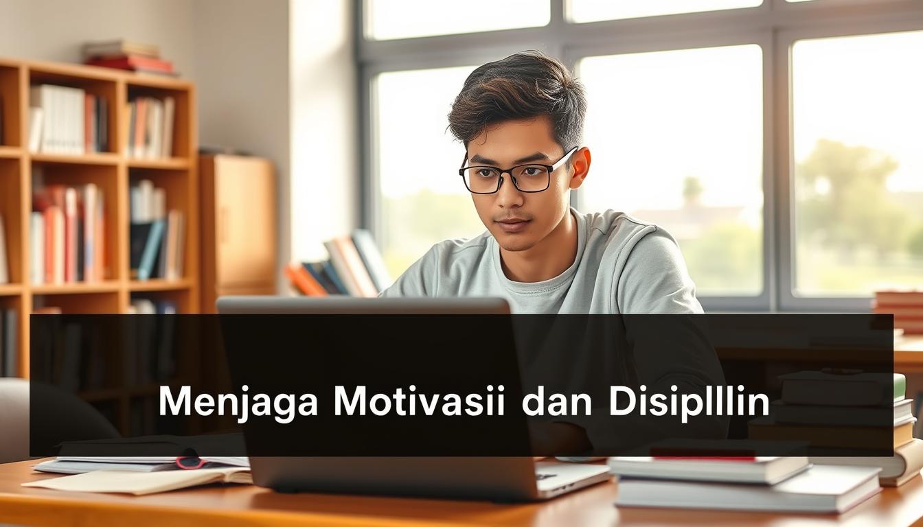 A college student sitting at a desk, focused and determined, surrounded by books, laptop, and study materials. The lighting is warm and natural, casting a soft glow on the scene. In the background, a bookshelf and a window overlooking a scenic campus, conveying a sense of intellectual rigor and academic inspiration. The student's expression is one of deep concentration, their gaze fixed on the task at hand, embodying the drive and discipline necessary for academic success. The overall atmosphere is one of productive studiousness, reflecting the &quot;Menjaga Motivasi dan Disiplin&quot; section of the article.