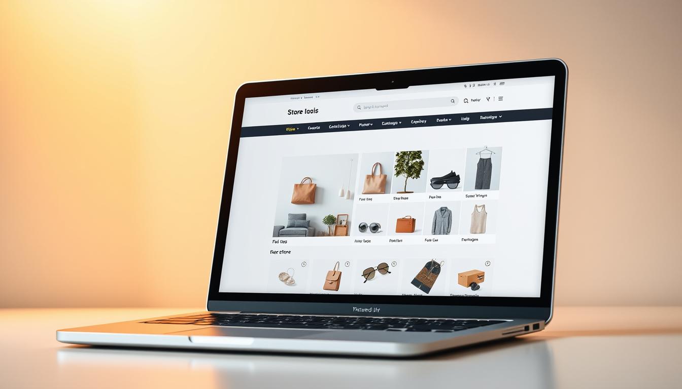 A sleek, modern online store with a clean, minimalist design. The storefront is displayed on a laptop screen, showcasing a variety of products neatly arranged in a grid layout. The background is a soft, neutral tone, allowing the store's branding and imagery to take center stage. Warm, directional lighting illuminates the scene, creating a welcoming and professional atmosphere. The overall composition conveys a sense of ease and efficiency, reflecting the seamless integration of an e-commerce platform and a local dropshipping service.