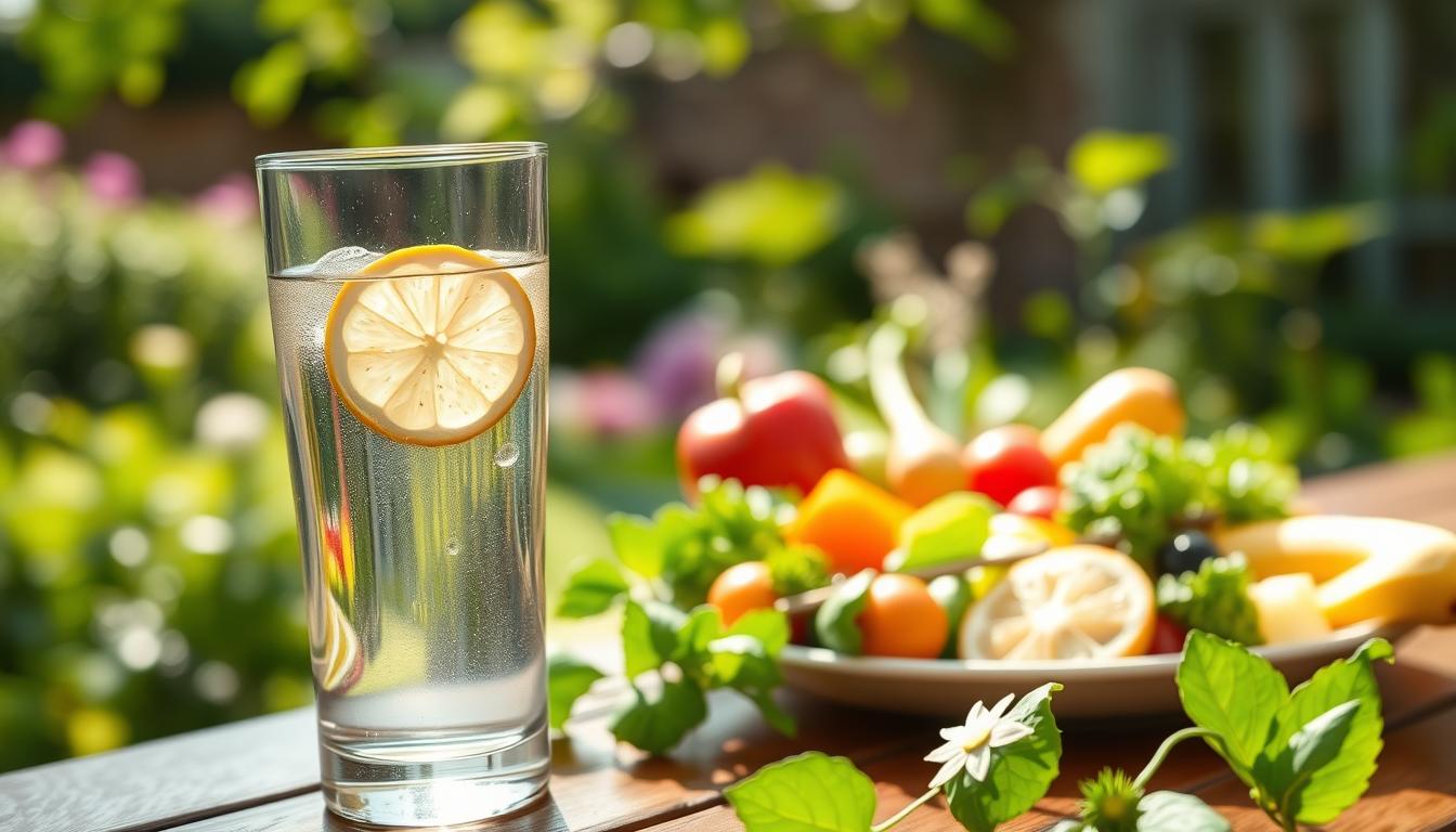 A serene, hydrating scene for a diabetic individual. In the foreground, a glass of clear, refreshing water with a slice of lemon floating atop, symbolizing the importance of proper hydration. In the middle ground, a plate of fresh, vibrant fruits and vegetables, representing a balanced, nutrient-rich diet. The background depicts a tranquil, sun-dappled garden, with lush greenery and a calming, natural ambiance. The lighting is soft and diffused, creating a soothing, therapeutic atmosphere. The composition is carefully framed, inviting the viewer to pause and reflect on the holistic approach to managing diabetes through proper hydration and nutrition.