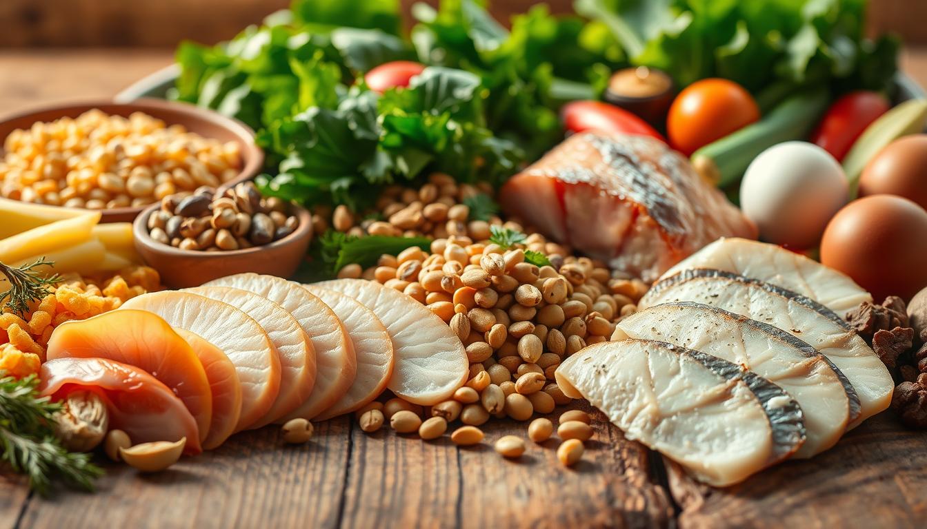 A nourishing array of high-protein whole foods, bathed in warm, golden light and arranged on a rustic wooden surface. In the foreground, succulent slices of lean poultry, fish fillets, and hearty legumes. In the middle ground, clusters of nutrient-dense nuts, seeds, and eggs. In the background, lush leafy greens and vibrant vegetables, creating a balanced, visually appealing scene that embodies the essence of a healthy, protein-rich diet. Captured with a shallow depth of field and a softly focused, artisanal aesthetic.