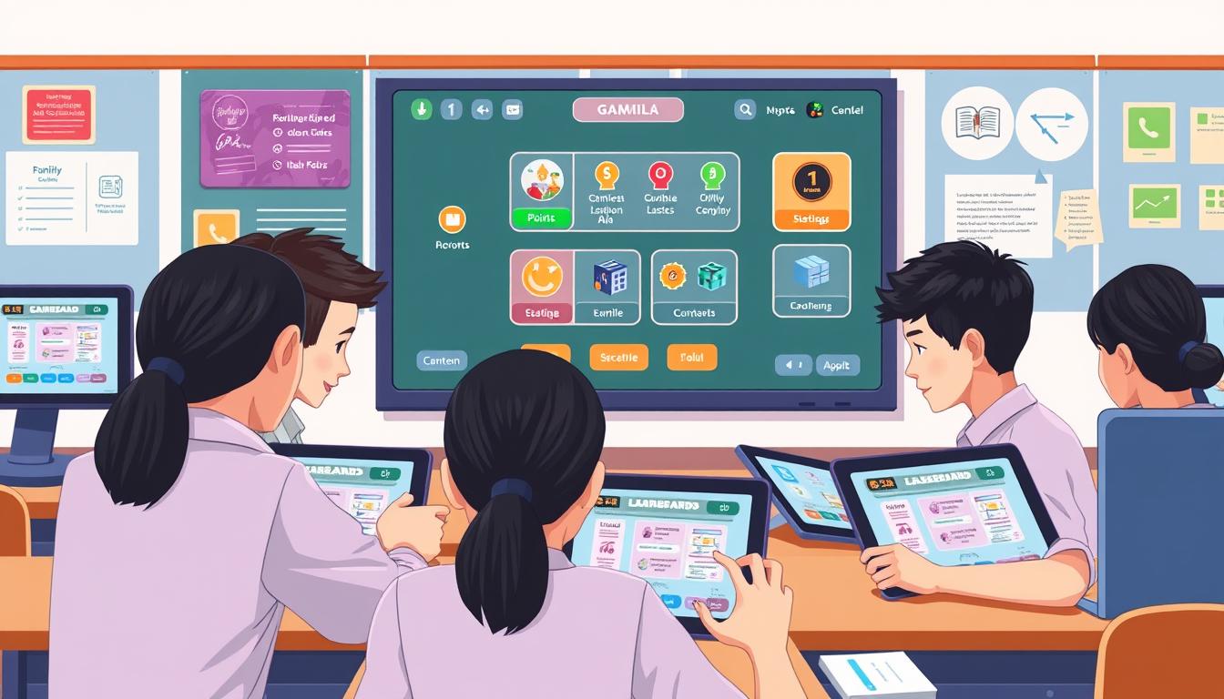 Ilustrasi gamifikasi e-learning dengan elemen game dalam platform pembelajaran online untuk siswa Indonesia