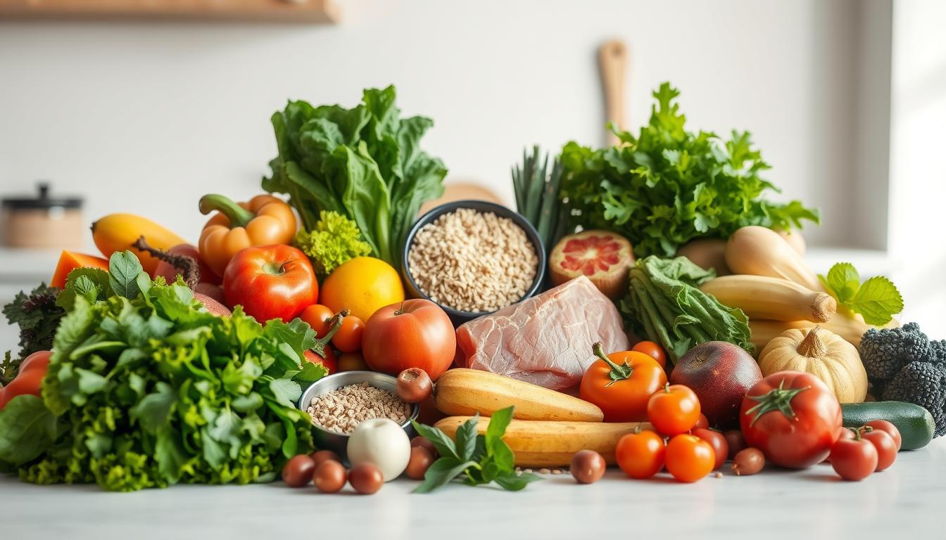 A nourishing still life showcasing the elements of a healthy eating pattern. In the foreground, an array of fresh produce - vibrant leafy greens, crunchy vegetables, and ripe seasonal fruits. In the middle ground, a selection of whole grains, lean proteins, and heart-healthy fats, arranged with care. The background softly illuminated, hinting at a serene, minimalist kitchen setting. The overall composition radiates a sense of balance, simplicity, and wholesome goodness - an aspirational representation of a nutritious, sleep-supportive diet.