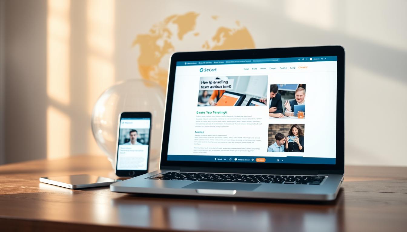 A vibrant and modern website, designed with a clean and minimalist aesthetic. The foreground features a sleek laptop displaying a well-organized web page, showcasing a balance of informative text and visually appealing graphics. The middle ground includes a smartphone with a responsive design, highlighting the mobile-friendly nature of the website. In the background, a stylized world map or globe symbolizes the global reach and accessibility of the online platform. The lighting is soft and natural, creating a warm and inviting atmosphere. The composition is balanced, with a focus on the devices and the website content, conveying the idea of a professional and user-friendly online presence.