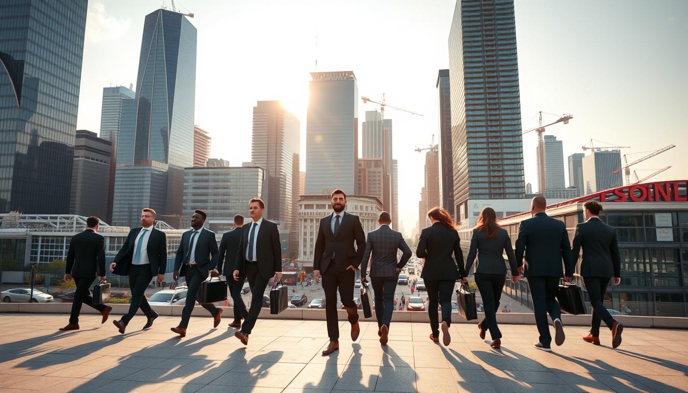A bustling city skyline with towering skyscrapers, sleek glass facades reflecting the midday sun. In the foreground, a group of professionals dressed in crisp suits and briefcases, striding purposefully towards their next meeting. The middle ground features a mix of modern office buildings and vibrant street life, bustling with activity. In the background, the silhouettes of cranes and construction equipment hint at the ever-evolving landscape of the business world. The scene exudes a sense of opportunity, growth, and the dynamic nature of the accounting and auditing professions. Warm, diffused lighting casts a subtle glow, creating a feeling of optimism and prosperity.