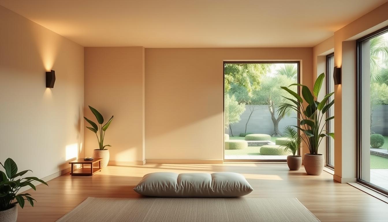 A serene, minimalist meditation room bathed in warm, natural light. Sleek, modern furniture in calming neutral tones - a plush, low-slung meditation cushion, a wooden side table with a simple candle. Lush indoor plants in the corners, their verdant foliage creating a soothing, nature-inspired ambiance. Soft, indirect lighting from sconces on the walls, casting a gentle glow. Large windows offering a tranquil view of a zen garden outside, blurring the boundaries between indoors and out. An overall atmosphere of quiet contemplation and rejuvenation, ideal for professional athletes to center themselves before competition.