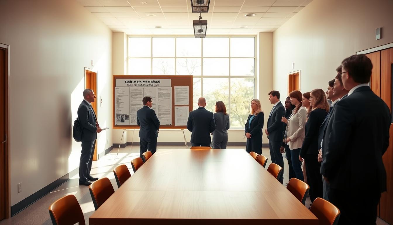A crisp, well-lit school hallway with clean, modern architecture. In the foreground, a group of school administrators in professional attire stand around a wooden table, engaged in a serious discussion. The mid-ground features a large bulletin board displaying a set of formal-looking documents, representing the &quot;Code of Ethics for School Supervisors&quot;. The background showcases large windows, flooding the scene with warm, natural light and creating a sense of openness and transparency. The overall atmosphere conveys a sense of professionalism, authority, and a commitment to upholding educational standards.