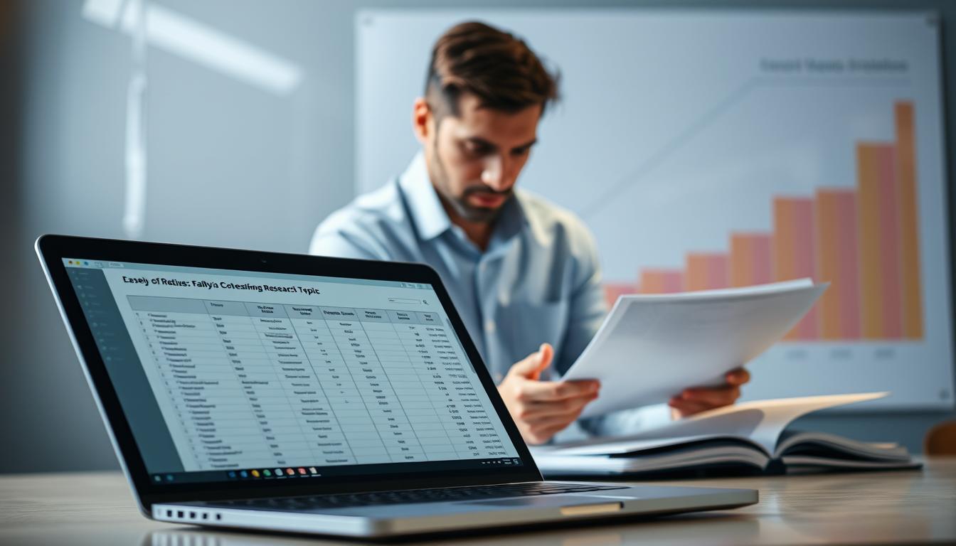 An analysis of the viability of a research topic, set against a sleek, modern backdrop. In the foreground, a laptop displaying a spreadsheet, with carefully considered criteria and evaluation metrics. In the middle ground, a researcher intently reviewing documents and notes, brow furrowed in concentration. The background features a stylized graph or chart, visualizing the multifaceted considerations that go into assessing the feasibility and potential impact of a proposed topic. Lighting is soft and directional, conveying a sense of thoughtful contemplation. The overall mood is one of focused, analytical rigor - a methodical approach to ensuring the chosen topic is well-suited for a successful thesis or dissertation.